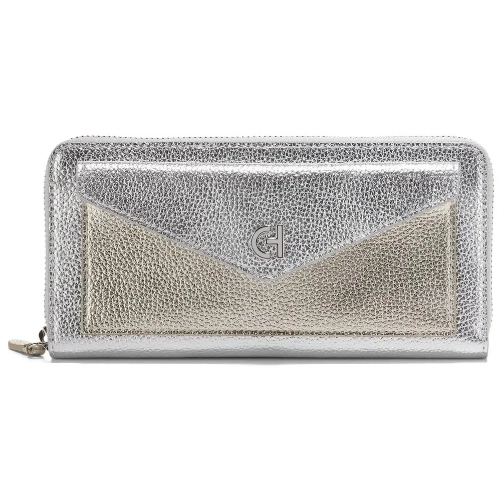 COLE HAAN TOWN CONTINENTAL ZIP AROUND LEATHER WALLET SILVER / GOLD METALLIC NEW